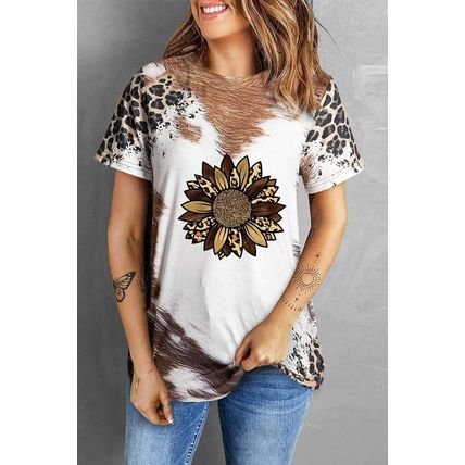 Chestnut Leopard Bleached Sunflower Graphic Crewneck T Shirt