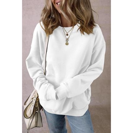 White Solid Fleece Lined Crew Neck Casual Sweatshirt