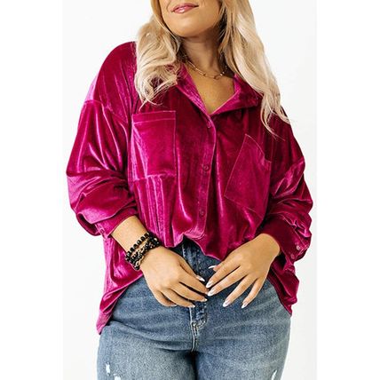 Bright Pink Plus Size Velvet Chest Pocket Drop Shoulder Shirt