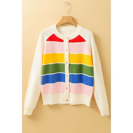 White Stripe Colorful Pattern Button Front Sweater Cardigan
