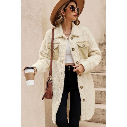 Beige Contrast Flap Pocket Single Breasted Teddy Coat