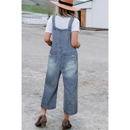Stone Blue Distressed Bib Pocket Wide Leg Denim Overall