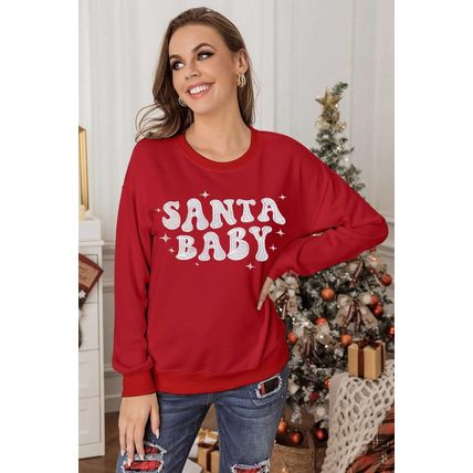 Red SANTA BABY Embroidered Crewneck Christmas Sweatshirt