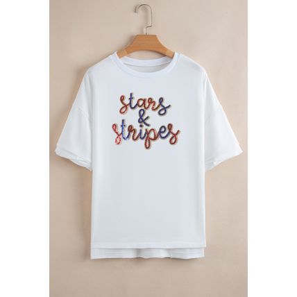 White Sequin stars & stripes Graphic Drop Shoulder Loose T Shirt