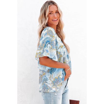 Sky Blue Paisley Print Wide Sleeves Loose Blouse