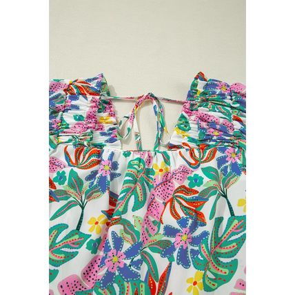 Green Plant Print Loose Fit Puff Sleeve Square Neck Blouse