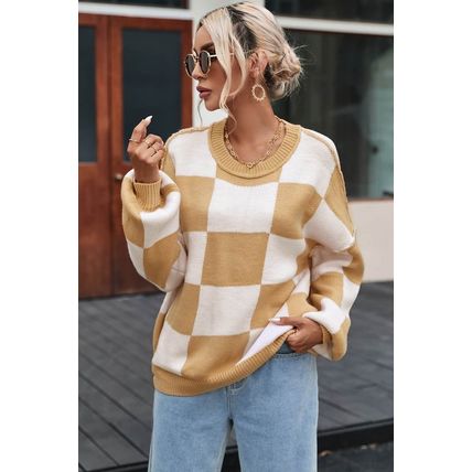 Khaki Checkered Bishop Sleeve Sweater