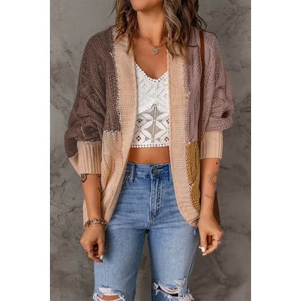 Brown Color Block Loose Open Front Knitted Cardigan