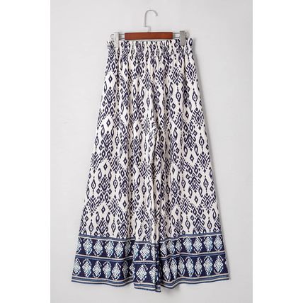 Blue Boho Pattern Print High Waist Wide Leg Loose Pants