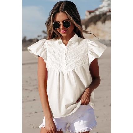 White Half Button Lace Patchwork Flutter Sleeve Blouse