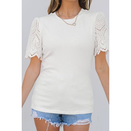 White Eyelet Pattern Short Sleeve Patchwork Ribbed Top