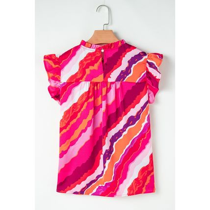 Rose Abstract Print Shirred Yoke Ruffled Blouse