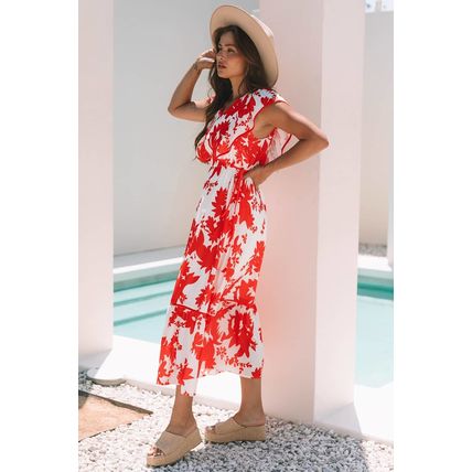 Red Floral Print Trimmed V Neck Ruffle Sleeve Long Dress