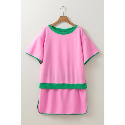 Bonbon Plus Size Contrast Trim T Shirt and Skirt Two Piece Set