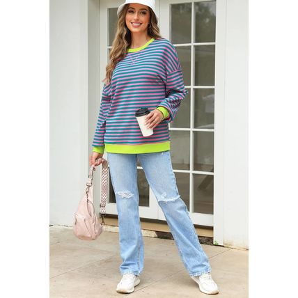 Rose Stripe Contrast Ribbed Trim Crossed Stitch Drop Shoulder Sweatshirt