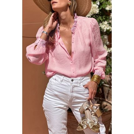 Gossamer Pink Lace Patchwork Edge Collarless Button Up Shirt