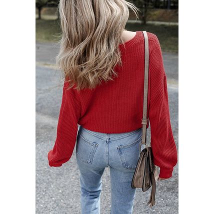 Racing Red Solid Textured Knit V Neck Drop Shoulder Sweater
