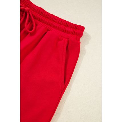 Fiery Red Varsity Striped Sleeve Drop Shoulder Sweatshirt and Short Set