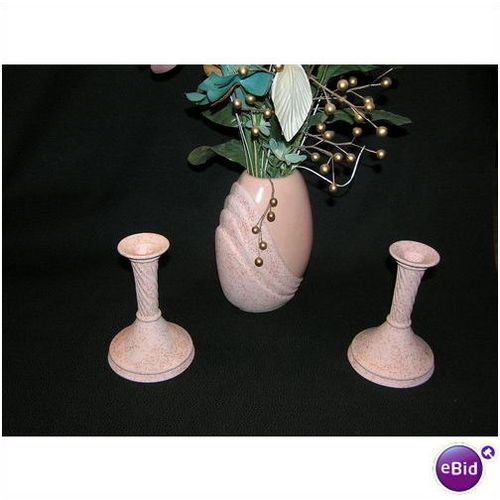 Ceramic Peach-colored Vase & Candle Holders