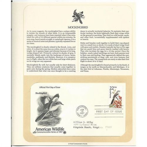 AMERICAN WILDLIFE ' OFFICIAL FIRST DAY of ISSUE ' MOCKINGBIRD (1987)