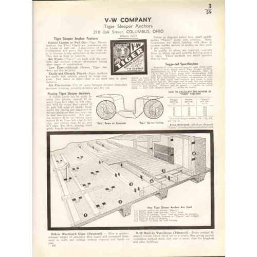 v-w company 1938 tiger sleeper anchors floor clips vintage catalog