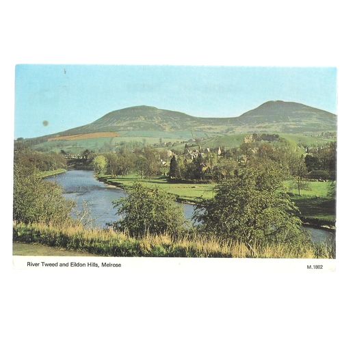 RIVER TWEED AND EILDON HILLS, MELROSE, THE BORDERS unused vintage postcard =