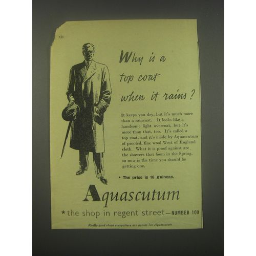 1949 Aquascutum Top Coat Ad - Why is a top coat when it rains?