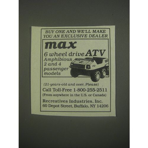 1991 Recreatives Industries Max 6 Wheel Drive ATV Ad - Buy one