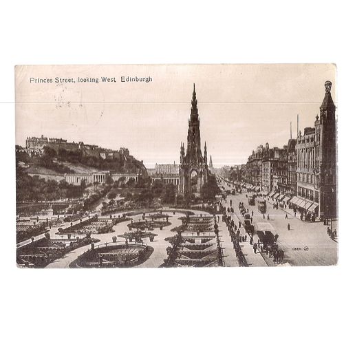 PRINCES STREET looking west, EDINBURGH. used antique postcard 1921 pm =