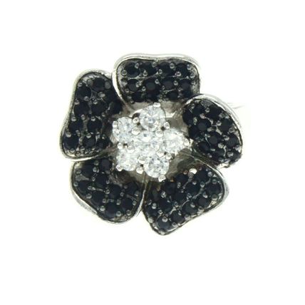 New 925 Sterling Silver Lily Rose Fashion Jewelry Flower Ring Black & White CZ