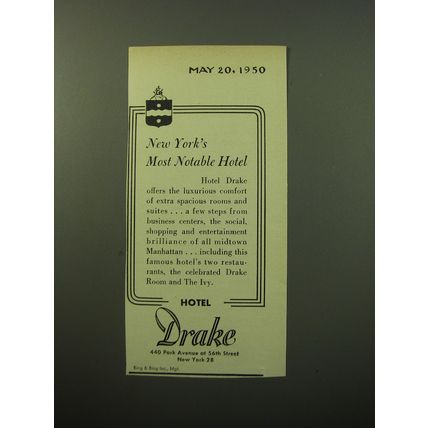 1950 Hotel Drake Advertisement - New York's most notable hotel