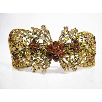 Large bronze gold bow leaves flowers amber purple blue crystal hair barrette