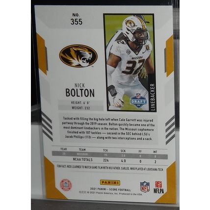 2021 Panini Score NICK BOLTON (Missouri Tigers/Kansas City Chiefs) RC #355