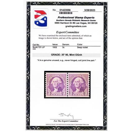 721, Mint XF NH 3¢ Coil Line Pair With Graded 90 PSE Certificate Stuart Katz