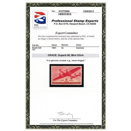 C25, Mint NH Superb 6¢ With Graded 98 PSE Certificate Stuart Katz