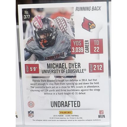 2015 Panini Score MICHAEL DYER (Louisville/Raiders) Rookie Card #377