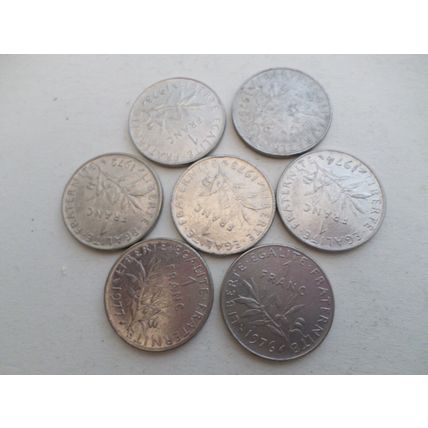 France - 7 differently dated - 1 (one) franc coins -date run 1972 to 1978