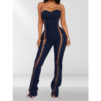 Lace Up Detail Denim Jumpsuit