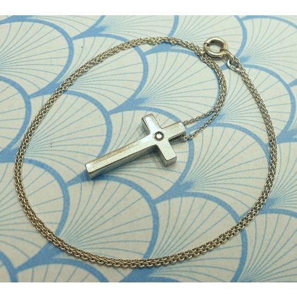 Vintage 925 Sterling Silver and Genuine Diamond Small Cross Pendant Necklace