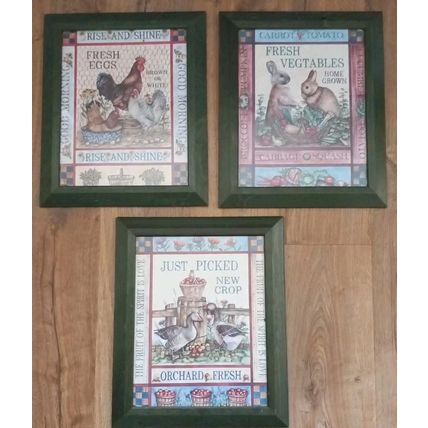 3 Country Farmhouse Kitchen Chicken Geese Rabbit Prints Pictures Green Frames