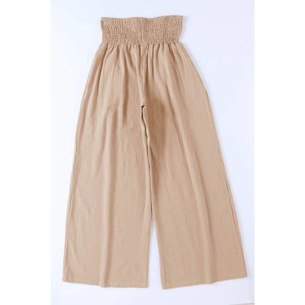 Khaki Smocked Wide Waistband High Waist Wide Leg Pants