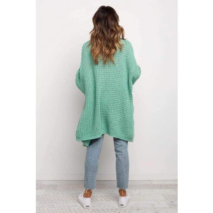 Green Long Line Open Front Knitted Cardigan with Pockets
