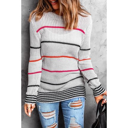 Gray Ribbed Knit Striped Sweater