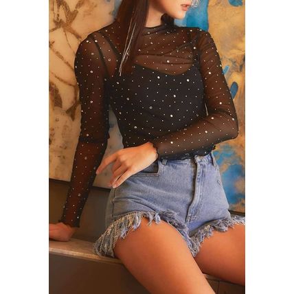 Black Rhinestone Sheer Mesh Slim Fit Long Sleeve Top