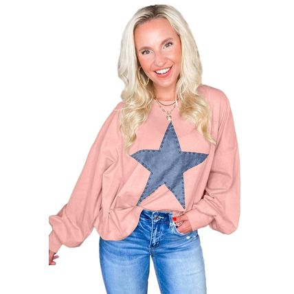 Gossamer Pink Studded Star Graphic Oversized Long Sleeve Top