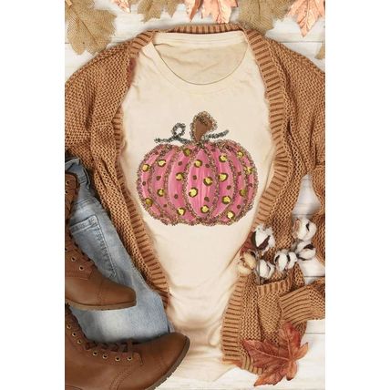 Khaki Cheetah Pumpkin Print Round Neck T Shirt