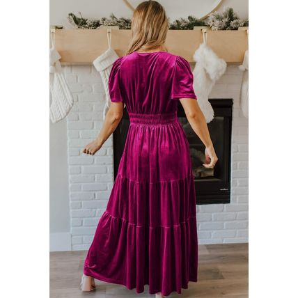 Red Dahlia Velvet Short Sleeve Shirred Waist Tiered Maxi Dress