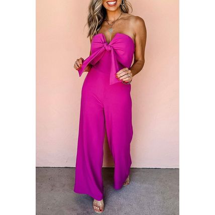 Bright Pink Bowknot Strapless Wide Leg Jumpsuit