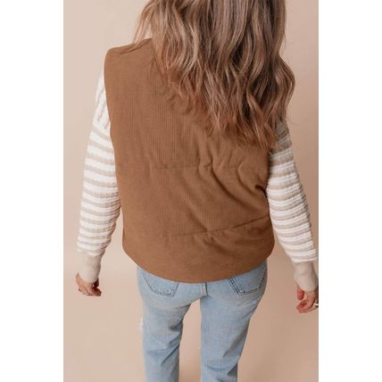 Coffee Corduroy Stand Neck Zipped Puffer Vest