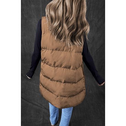 Coffee Windproof Longline Full Zipper Puffer Vest with Pockets